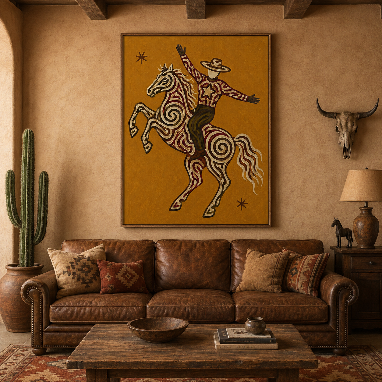 Vintage Western Wall Art, Ochre Cowboy Painting, Wild West Decor, Impasto Texture Canvas Art