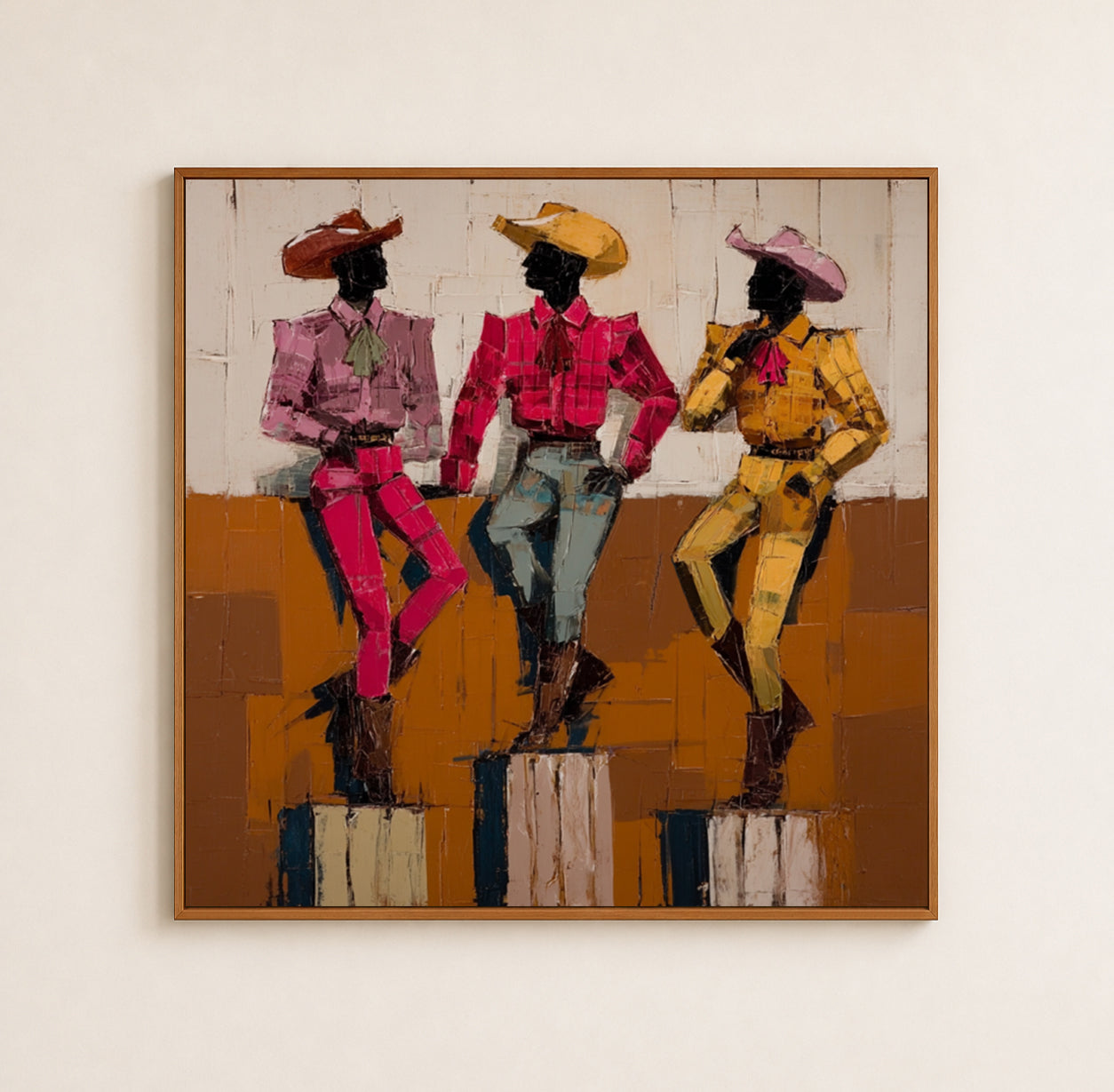 Hand-Painted Cowboy Group Canvas Art In Vintage Pink Yellow Blue Tones For Western Home Decor