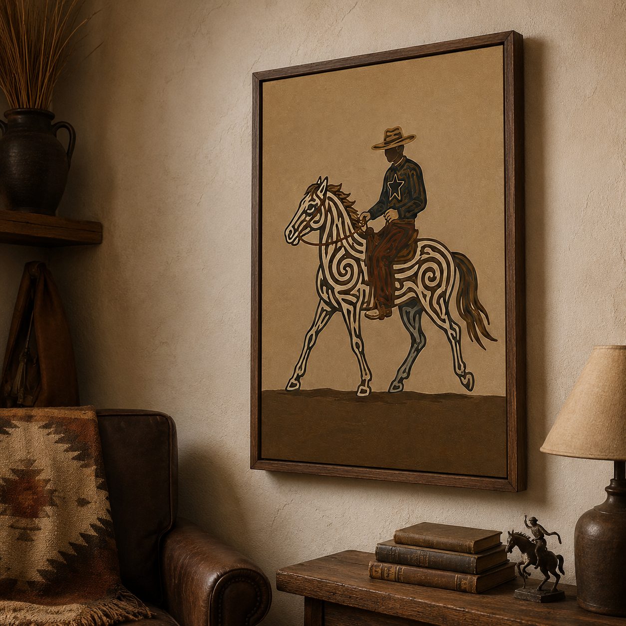 Western Cowboy Horse Painting, Rustic Ranch Equestrian Wall Art, Southwestern Folk Decor