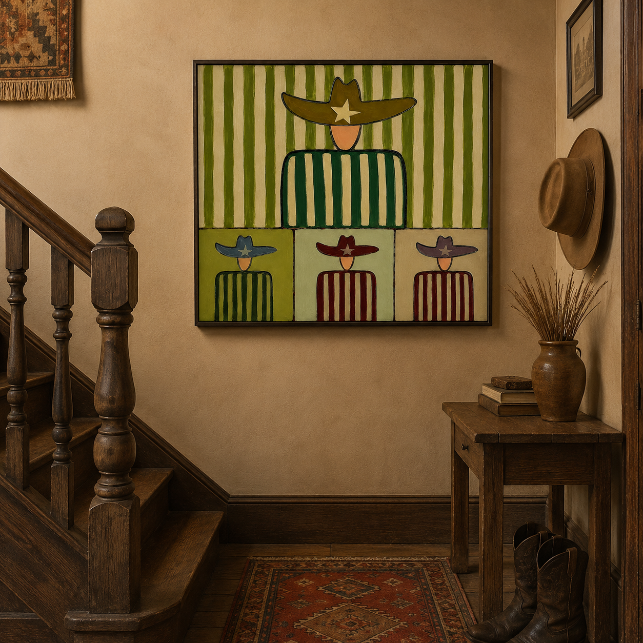 Whimsical Western Folk Art Painting With Cowboy Figures In Green Stripes For Modern Home Decor
