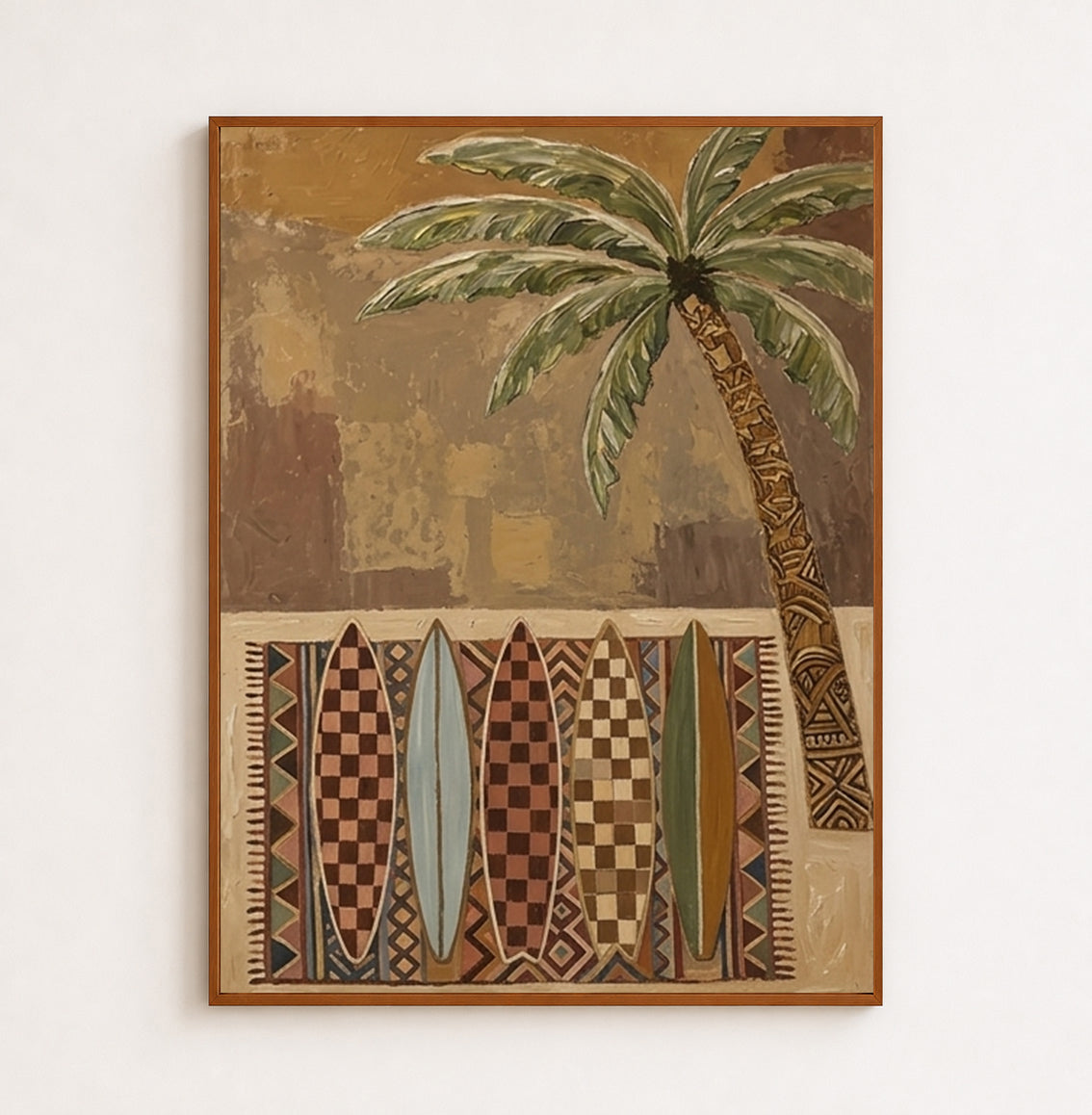 Bohemian Surfboard Painting With Palm Tree For Beach House Living Room Wall Art