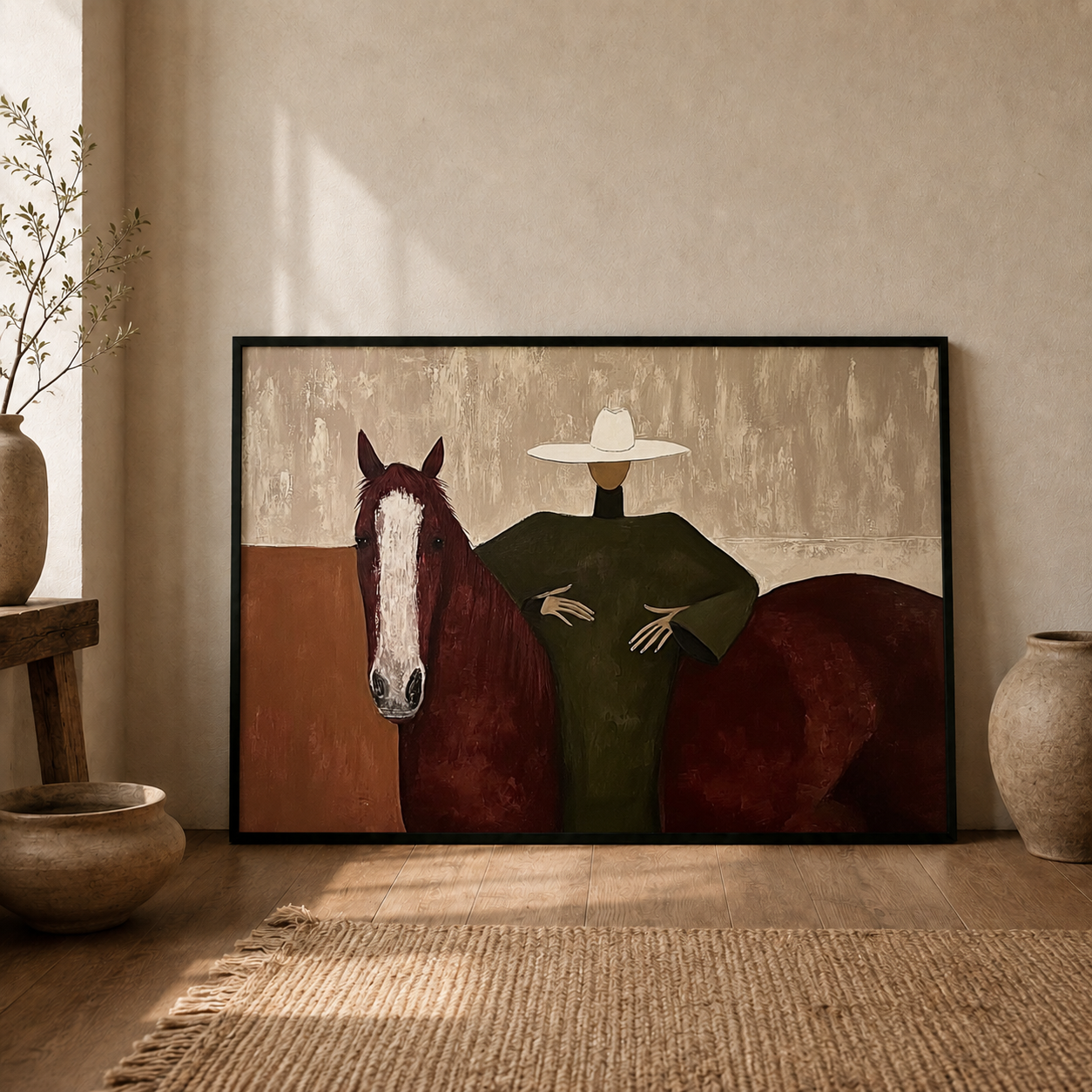 Mid Century Modern Horse Painting With Woman In Hat Square Canvas Art