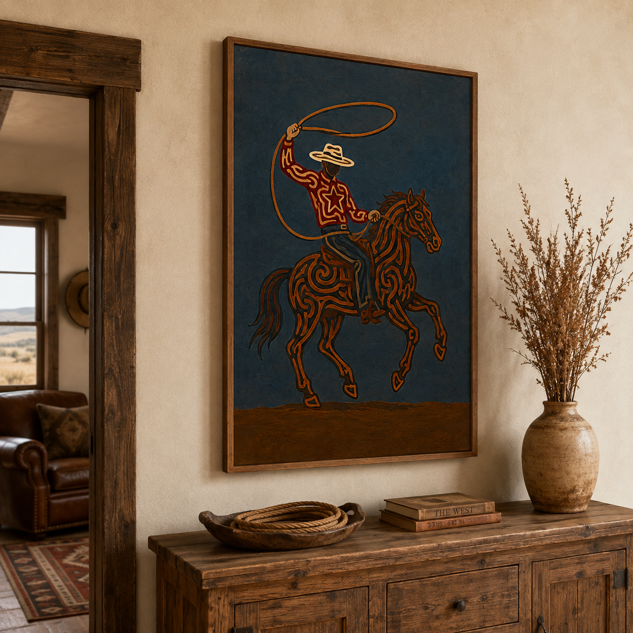 Rodeo Cowboy Lasso Painting, Texas Western Wall Art, Rustic Ranch Decor, Modern Cowboy Horse Art
