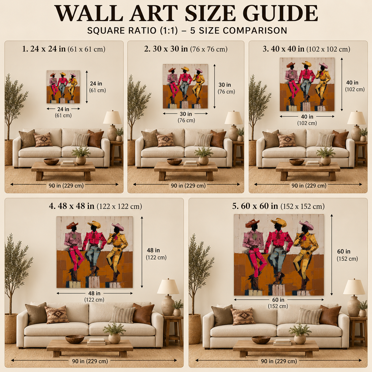 Hand-Painted Cowboy Group Canvas Art In Vintage Pink Yellow Blue Tones For Western Home Decor
