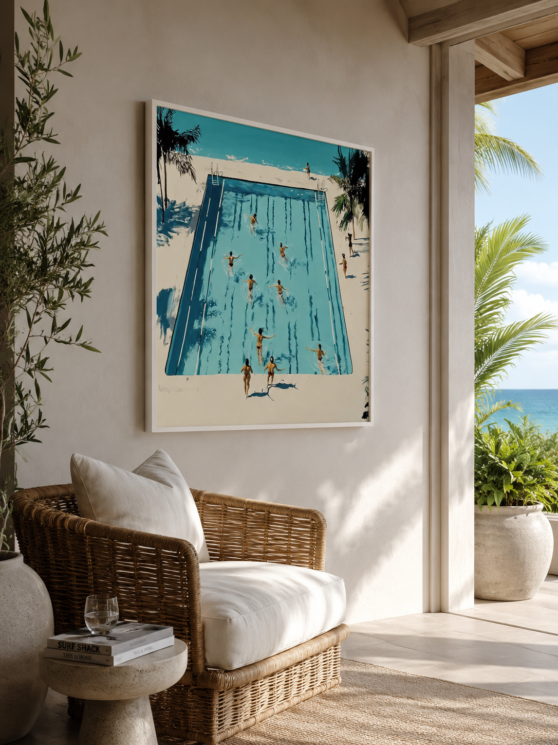 Vintage Pool Painting With Palm Trees For Modern Living Room Wall Decor Large Square Canvas
