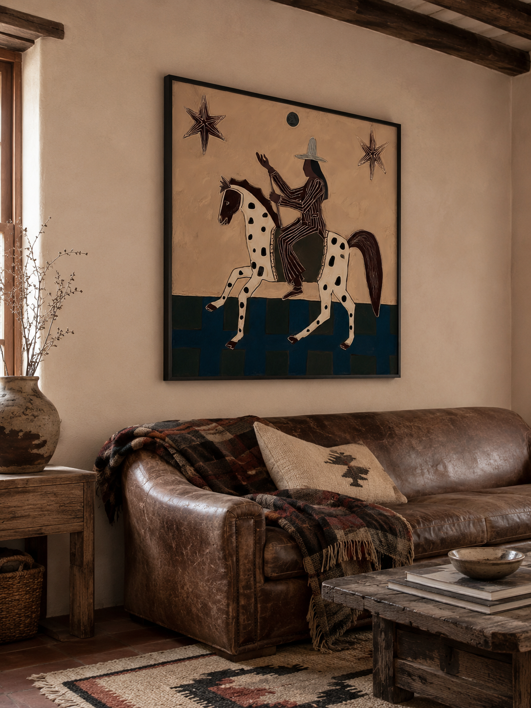Vintage Magical Realism Folk Art Painting With Spotted Horse And Stars For Living Room Decor