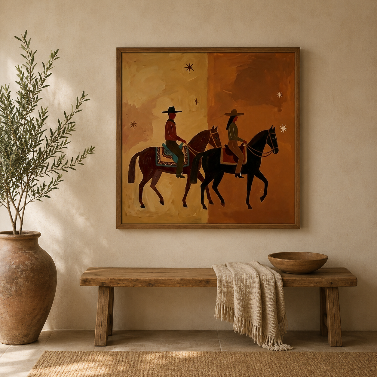 Modern Western Cowboy Horse Painting Earth Tones Wall Art For Rustic Home Decor