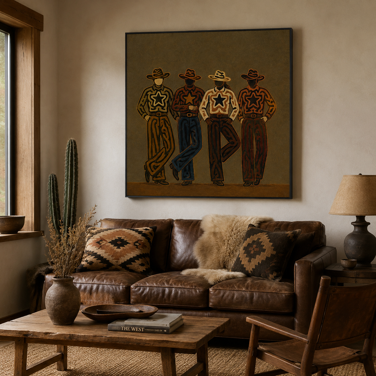 Four Cowboys Painting, Western Folk Art, Rustic Ranch Portrait Wall Decor For Living Room Decor