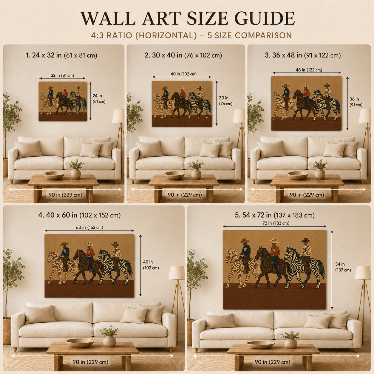 Three Cowboys Horse Painting, Western Ranch Riders, Earth Tone Southwestern Folk Art