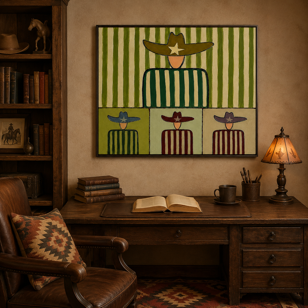 Whimsical Western Folk Art Painting With Cowboy Figures In Green Stripes For Modern Home Decor