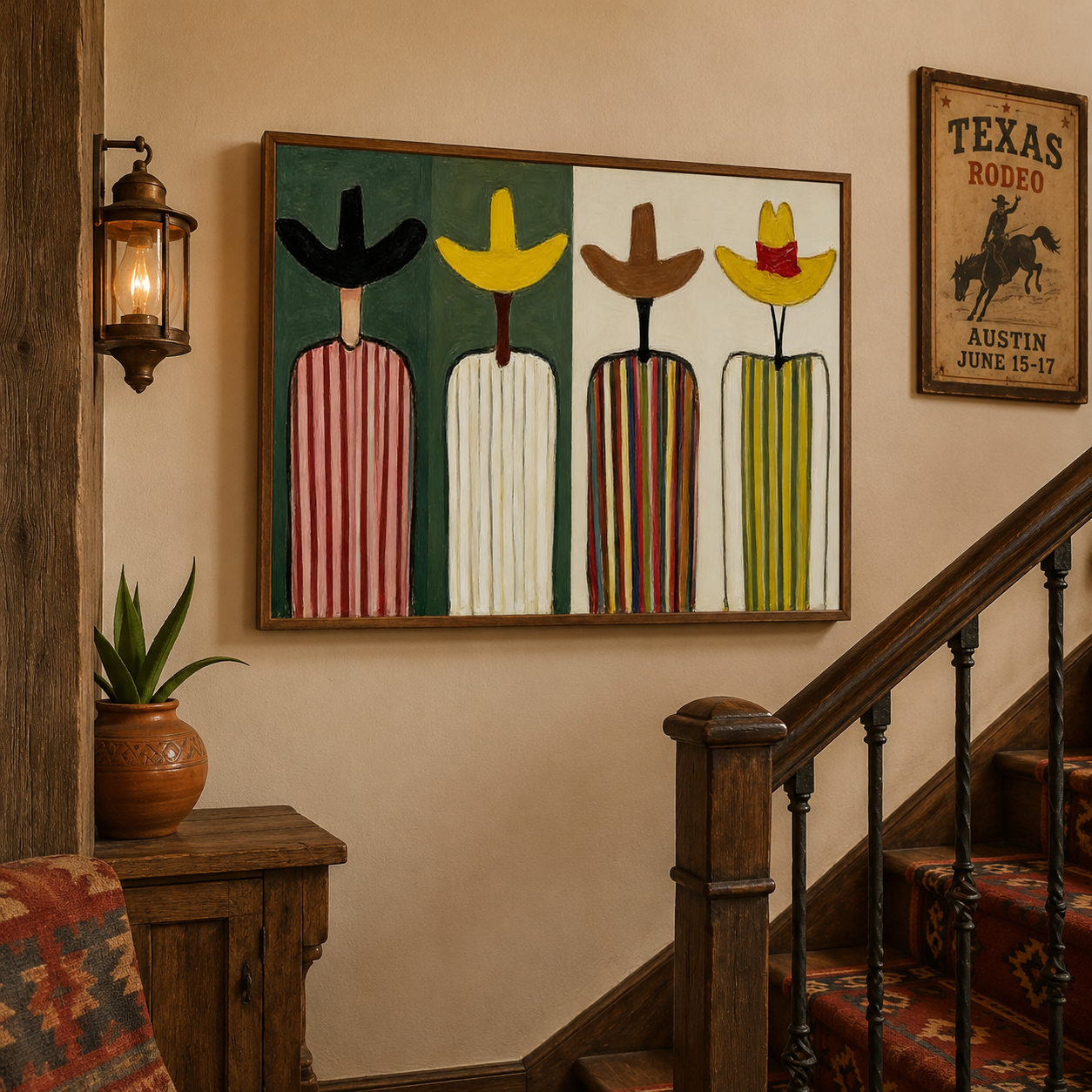 Retro Folk Art Painting Abstract Figures In Striped Hats For Modern Home Decor