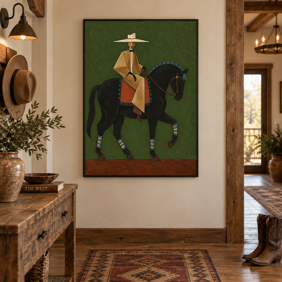 Green Background Fine Art Vintage Cowboy And Horse Canvas Painting Gentleman On Black Horse Canvas Art