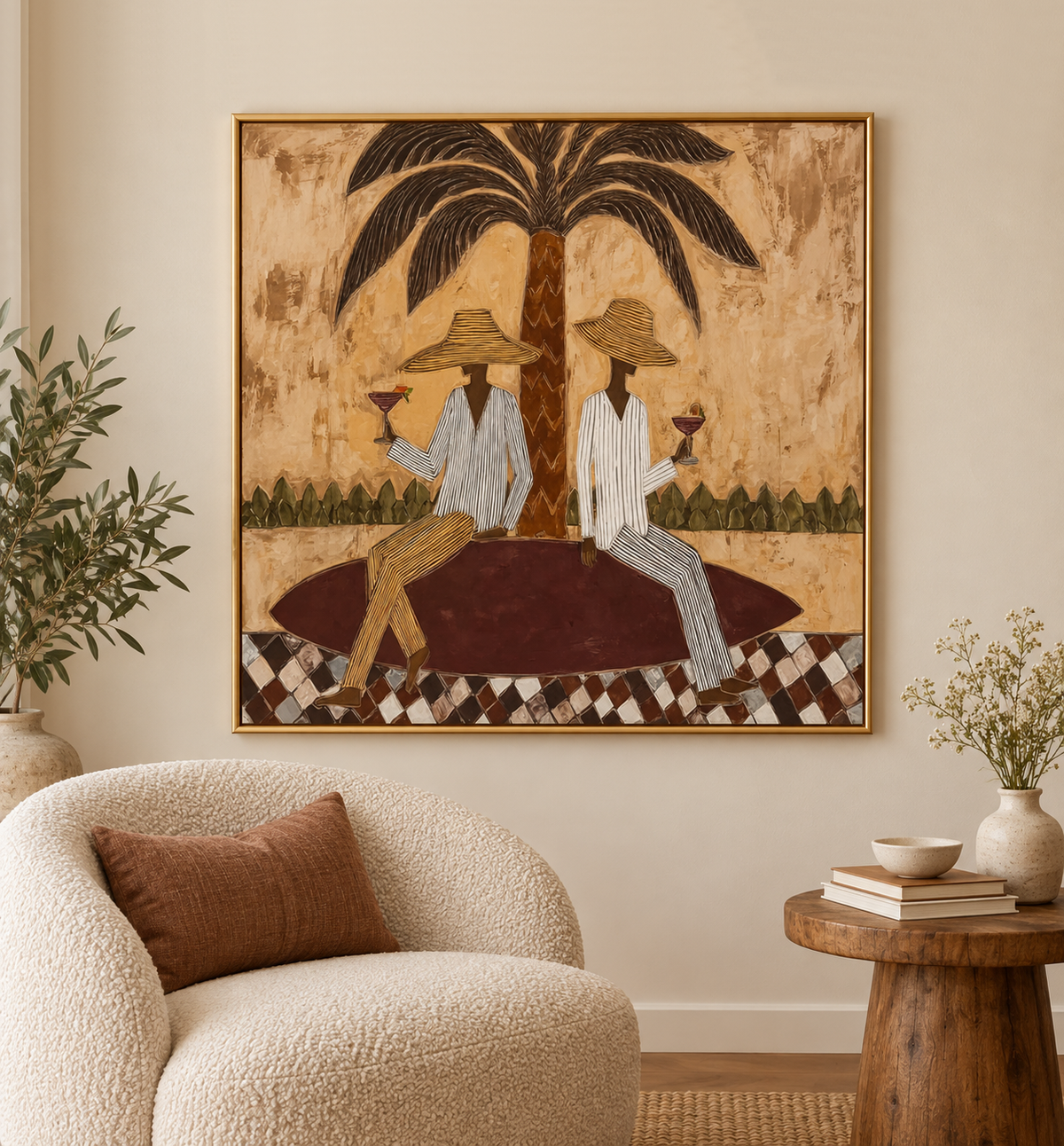 Retro Tropical Figurative Painting With Checkerboard Base Original Canvas
