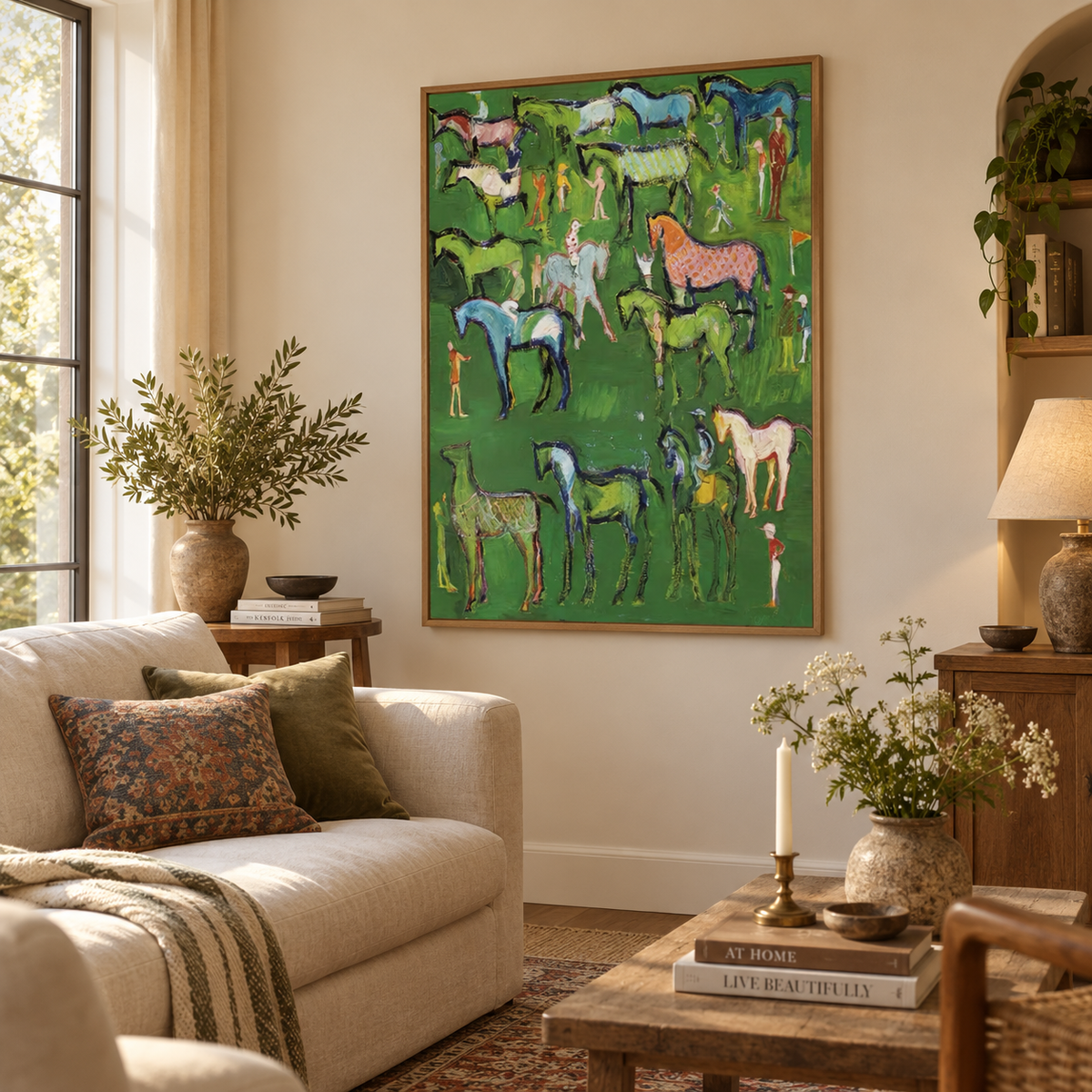 Hand-Painted Folk Horse Painting With Colorful Horses On Green Canvas Art