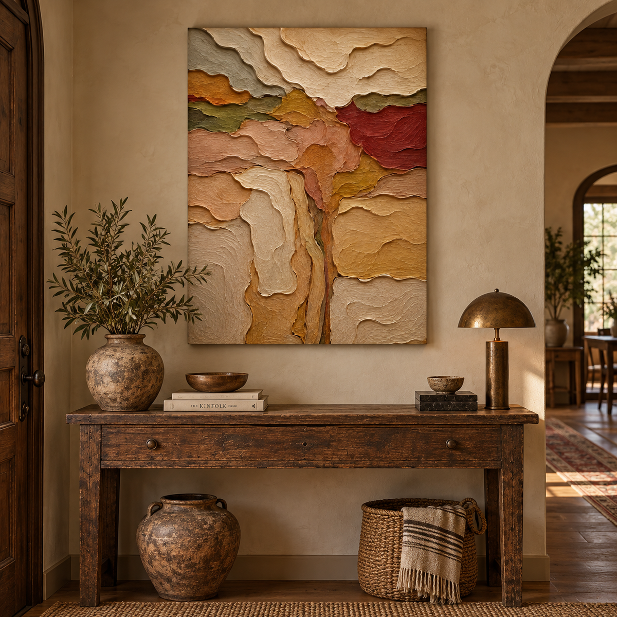 Abstract Desert Landscape Canvas Painting With Earthy Tones And Textured Surface