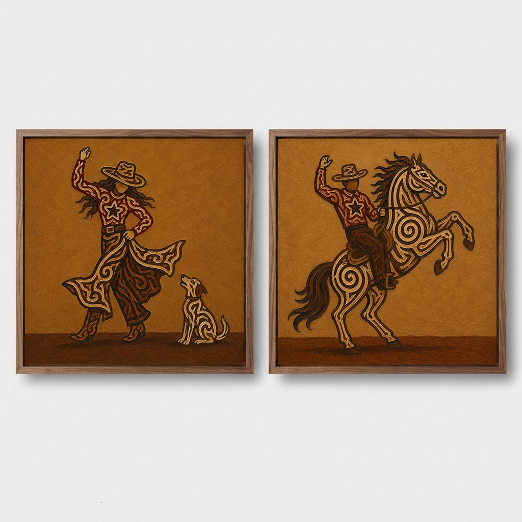 Cowboy Riding Horse Painting Rustic Western Cowgirl And Horse Set Of 2 Wall Art For Living Room