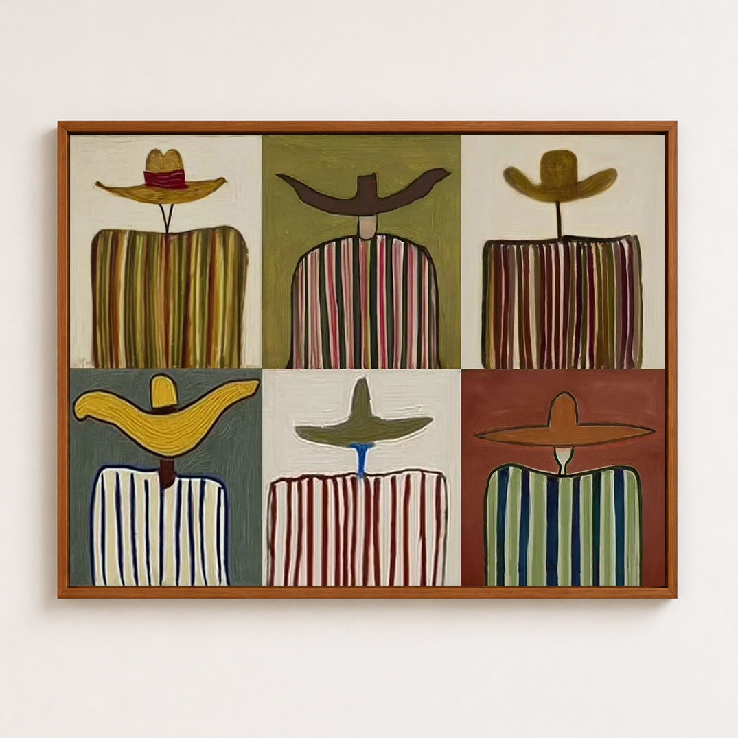 Retro Folk Art Painting With Striped Figures And Wide Brim Hats For Eclectic Home Decor