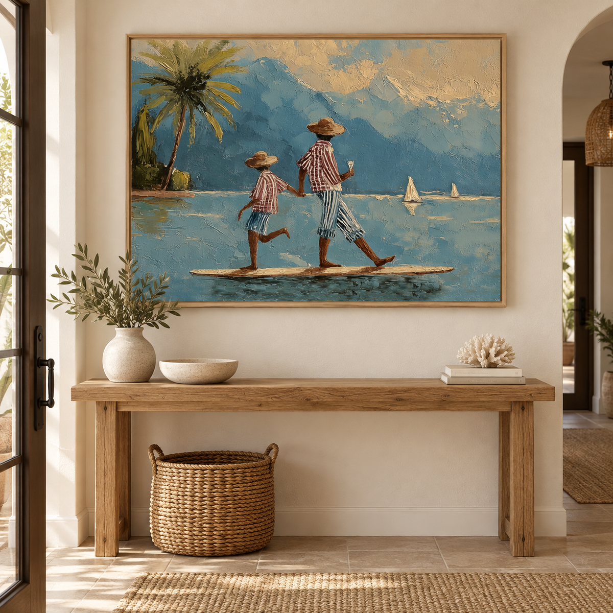 Whimsical Paddleboard Canvas Art, Mediterranean Water Walking Wall Decor, Retro Coastal Nautical Painting