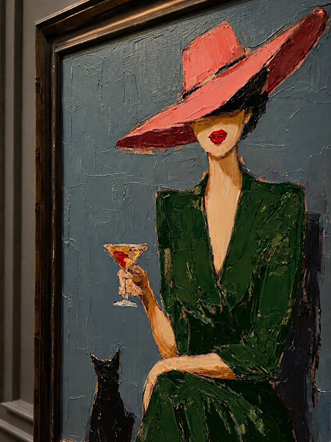 Stylish Woman In Green Dress With Red Hat Oil Painting For Modern Dining Room Wall Art Decor