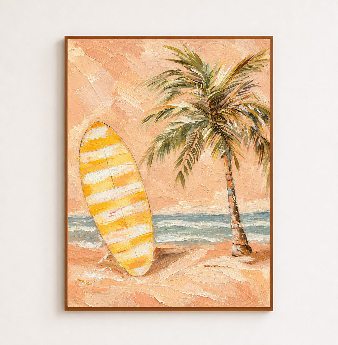 Tropical Surfboard Wall Art, Peach Beach Oil Painting, Palm Tree Textured Canvas