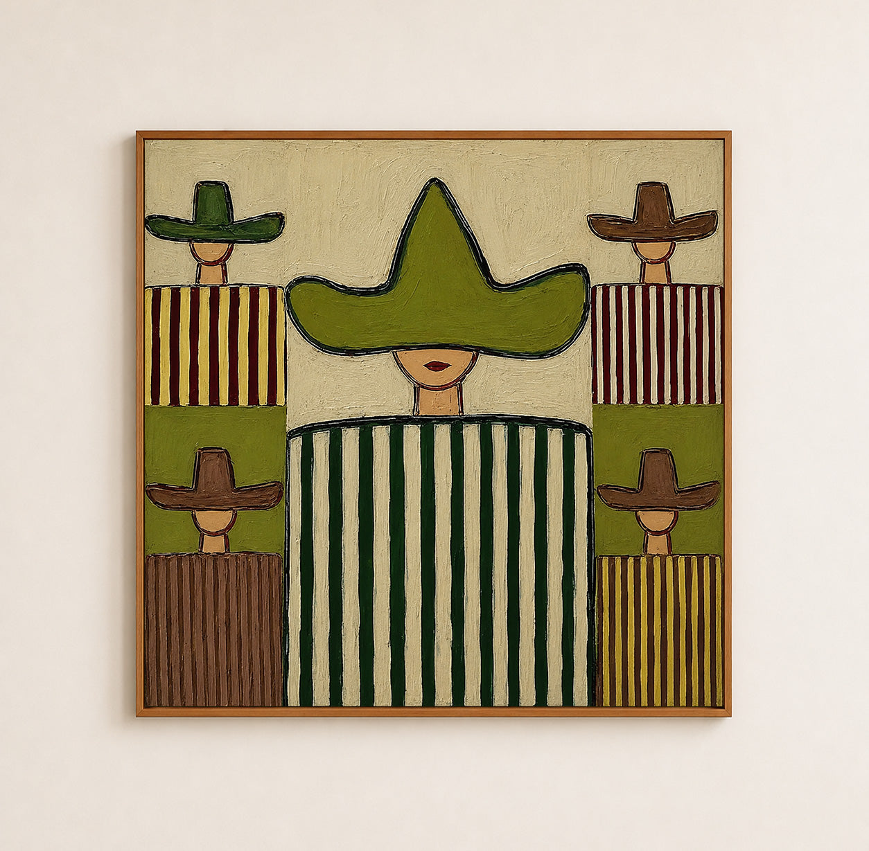 Abstract Figurative Oil Painting With Sombrero Motif In Olive Green And Brown Tones For Modern Wall Decor