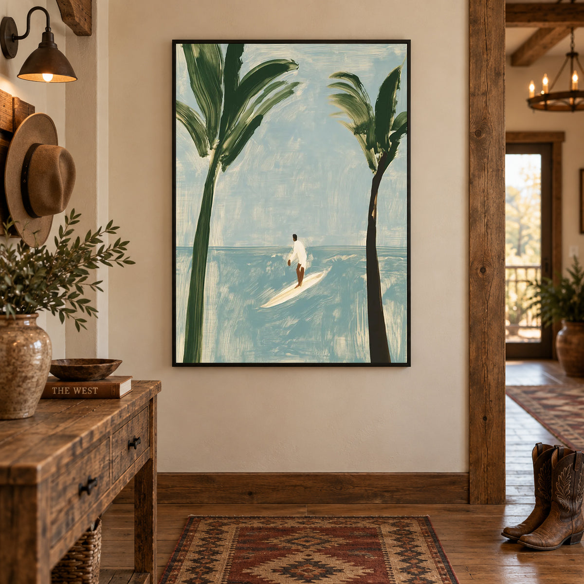 Surfer And Palm Trees Canvas Painting Modern Blue Beach Wall Art