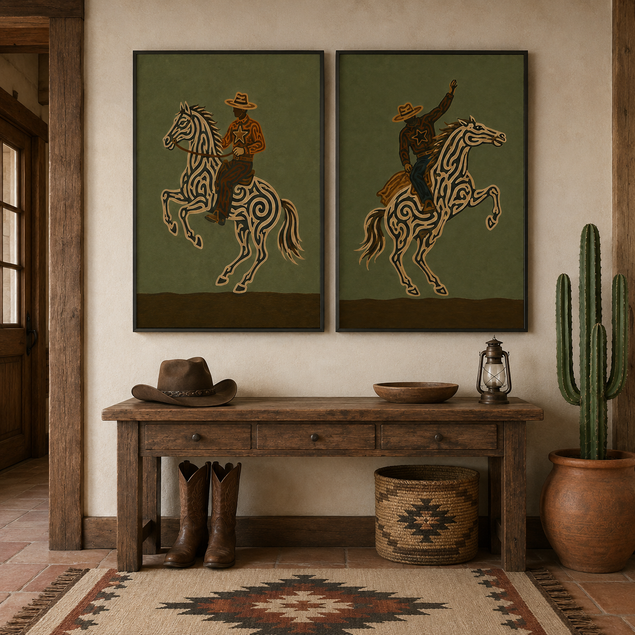 Vintage Western Cowboy Horse Art Olive Green Wall Decor For Living Room Rustic Home