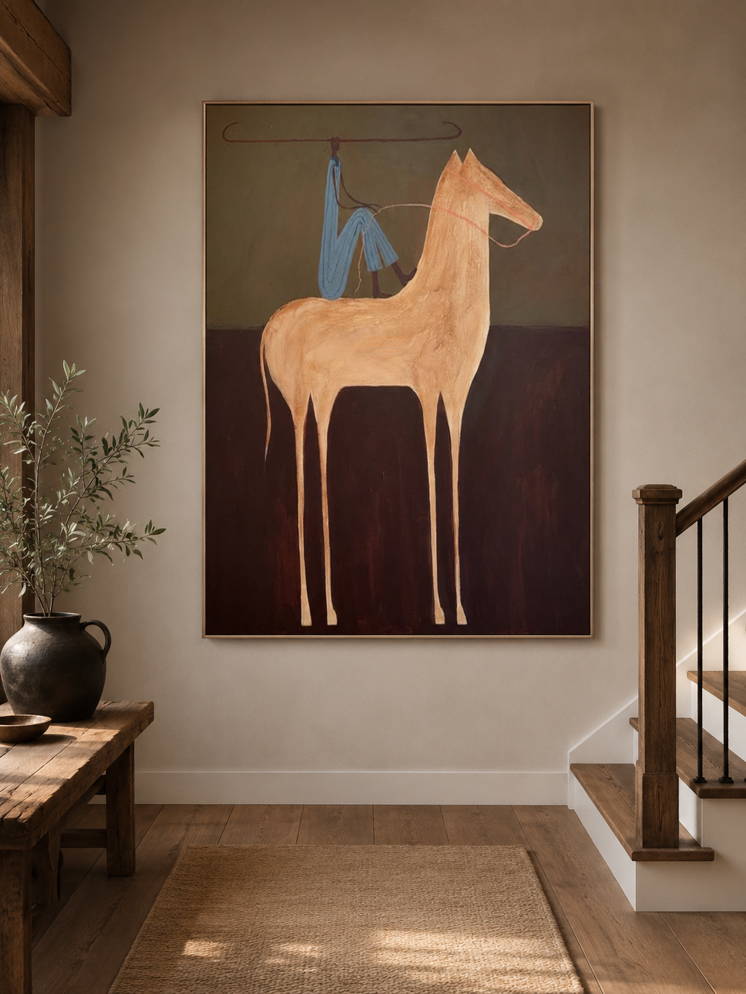 Minimalist Retro Horse Painting With Blue Figure For Modern Home Decor