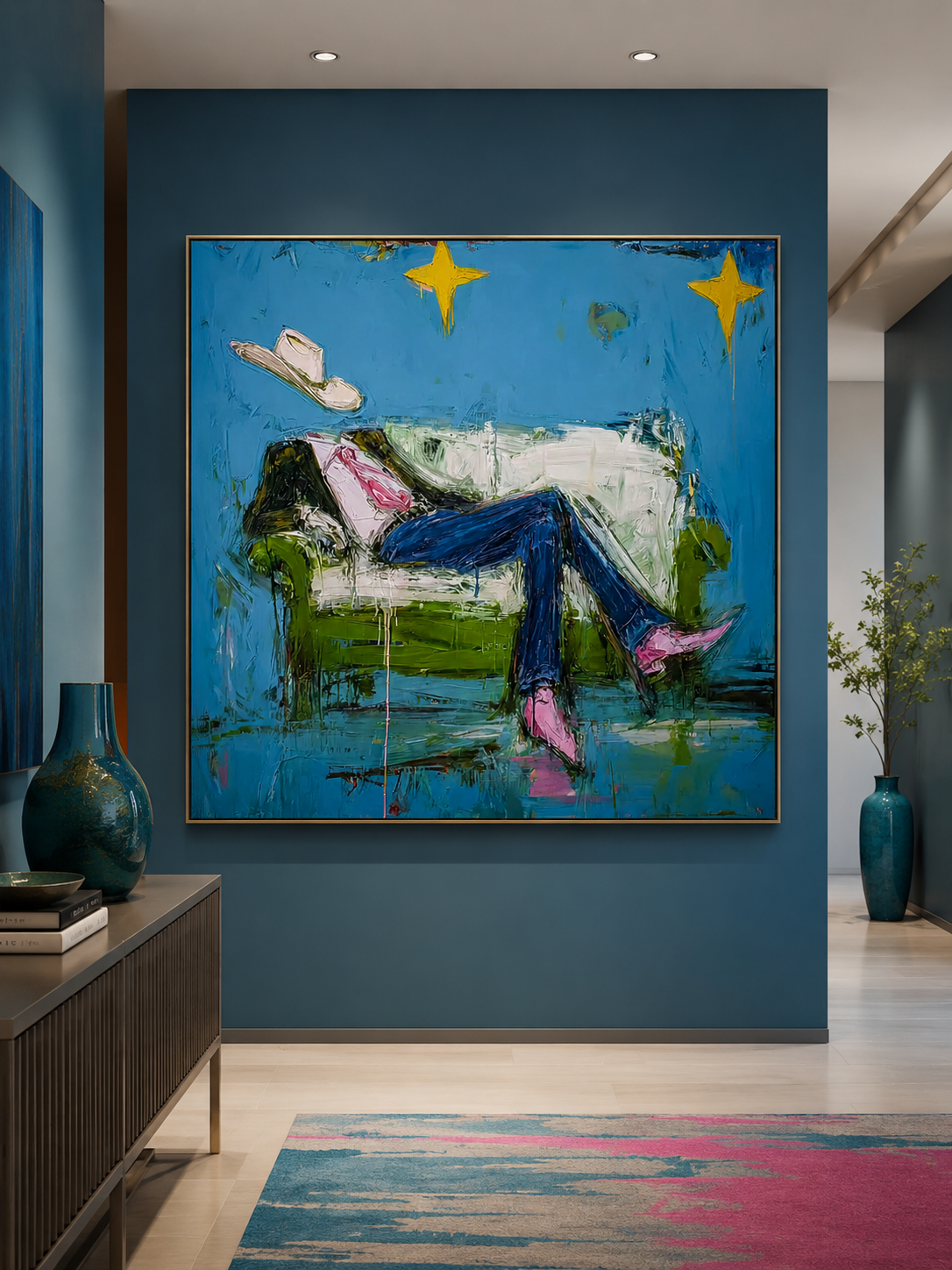 Surreal Cowboy Art With Stars And Green Sofa Modern Wall Decor For Living Room