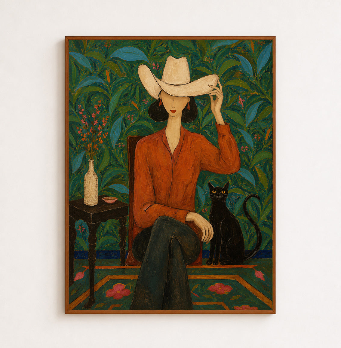 Stylish Woman And Black Cat Painting In Folk Art Style For Living Room Decor