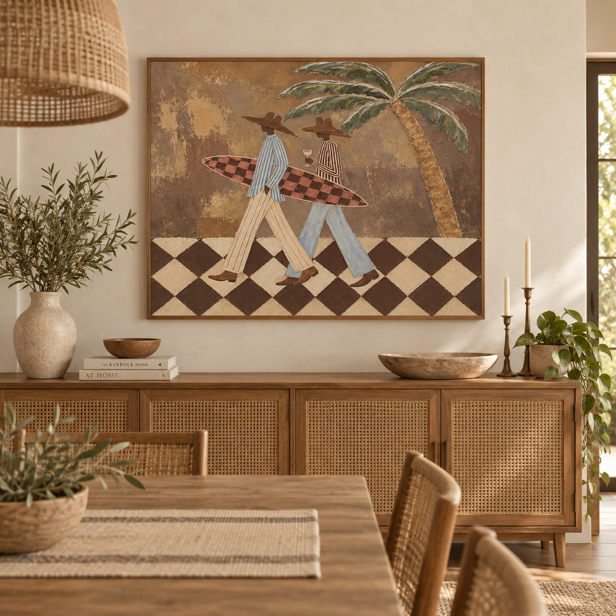Vintage Cowboy Surf Art Hand-Painted Canvas With Palm Tree And Checkered Board