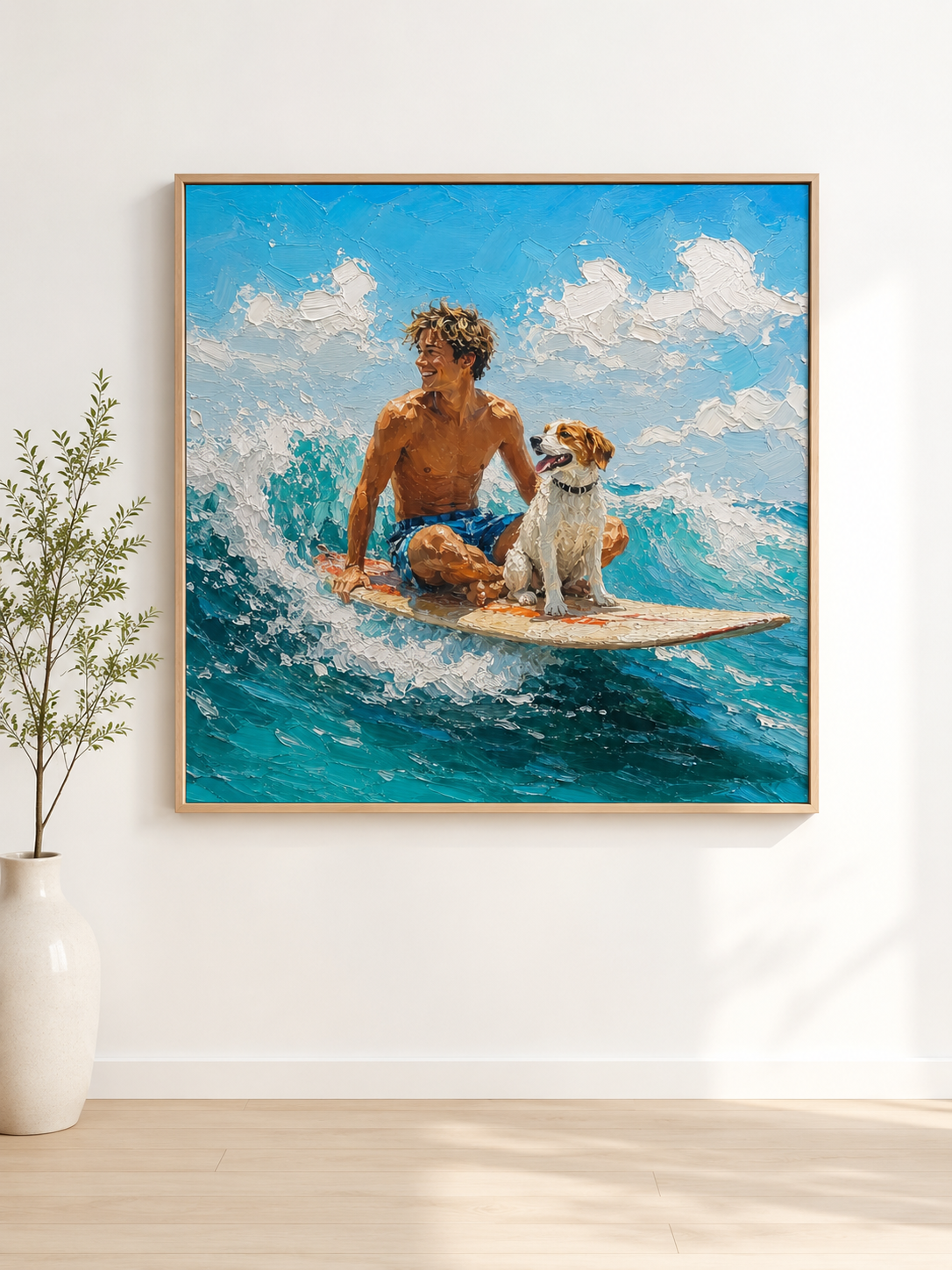 Textured Surfing Art With Dog For Modern Beach Home Decor Gift