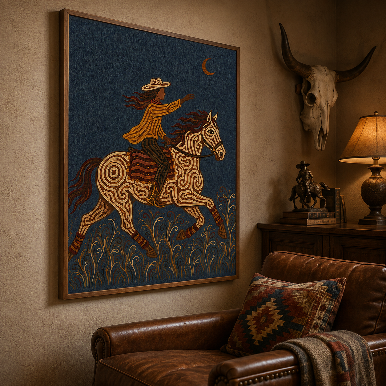 Wild West Cowboy Riding Horse Painting, Rodeo Western Wall Art, Southwestern Ranch Decor