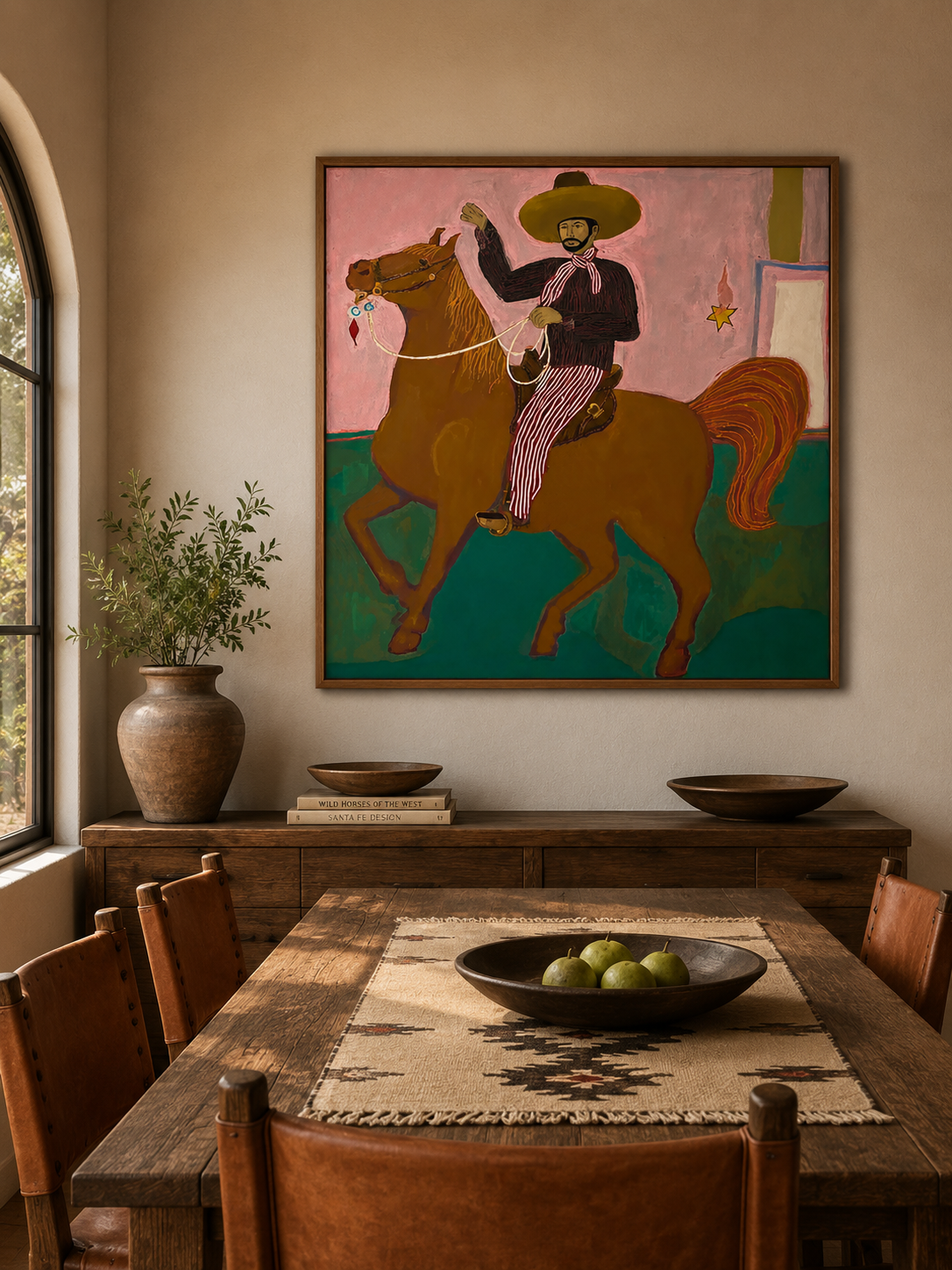 Vintage Southwestern Cowboy Horse Painting Original Folk Art Canvas For Living Room Decor