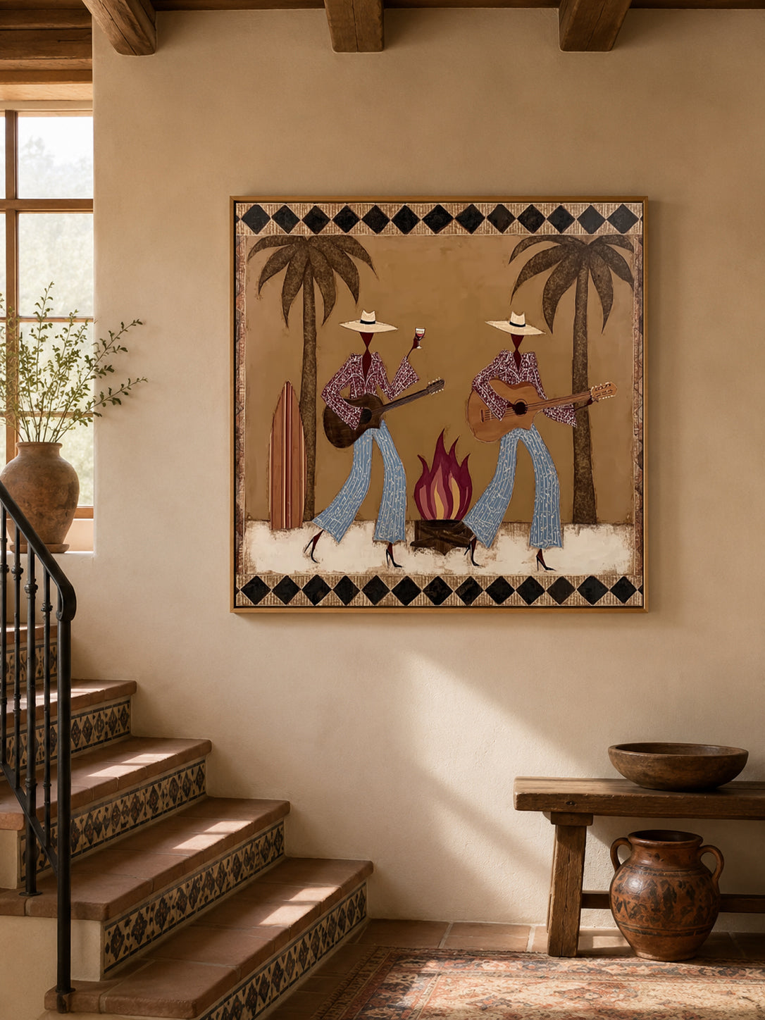 Cowgirl Guitar And Wine Painting, Retro Western Bar Wall Art, Southwest Music Decor