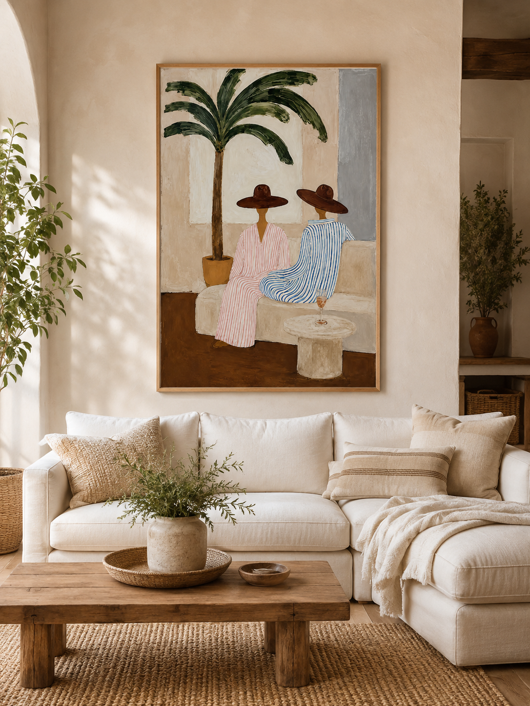 Bohemian Coastal Art With Palm Tree And Striped Figures For Living Room Decor
