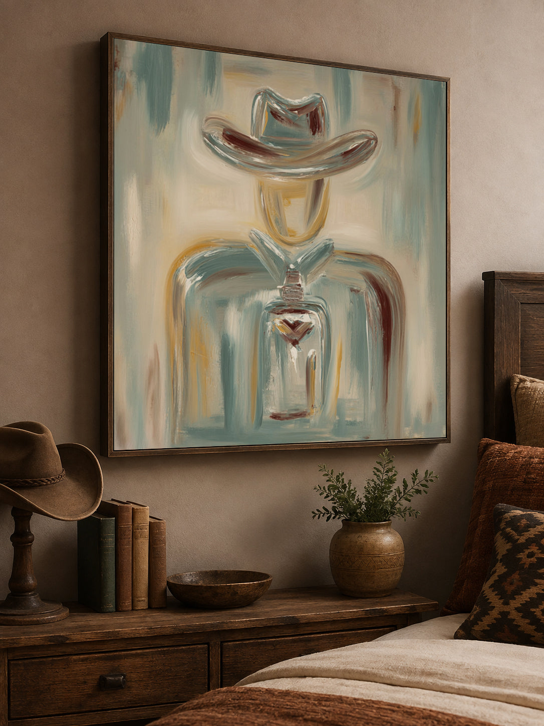 Abstract Cowboy Canvas Art, Terracotta Western Wall Decor,Neutral Rustic Artwork