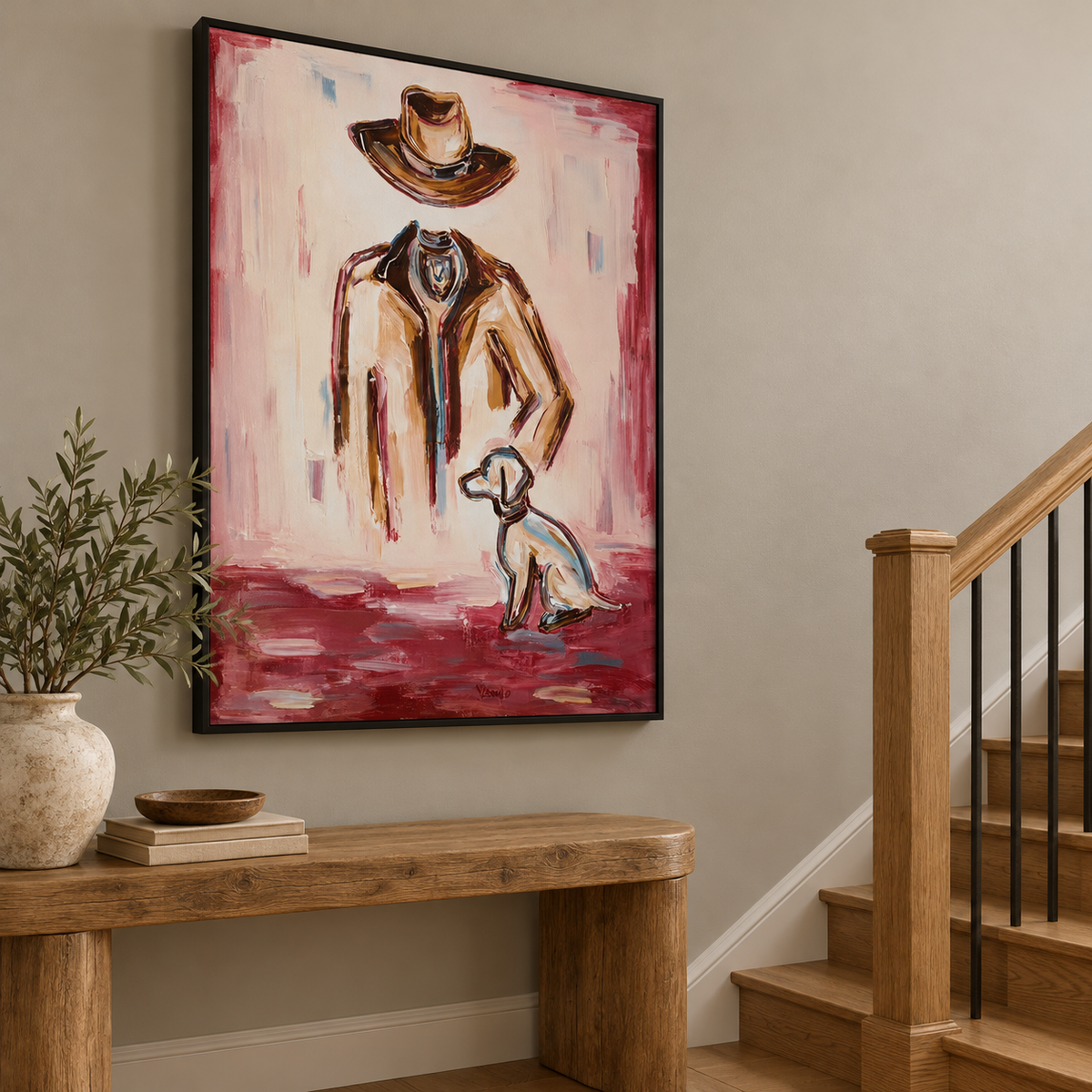 Pink Background Cowboy Art Modern Western Figurative Painting Original Canvas