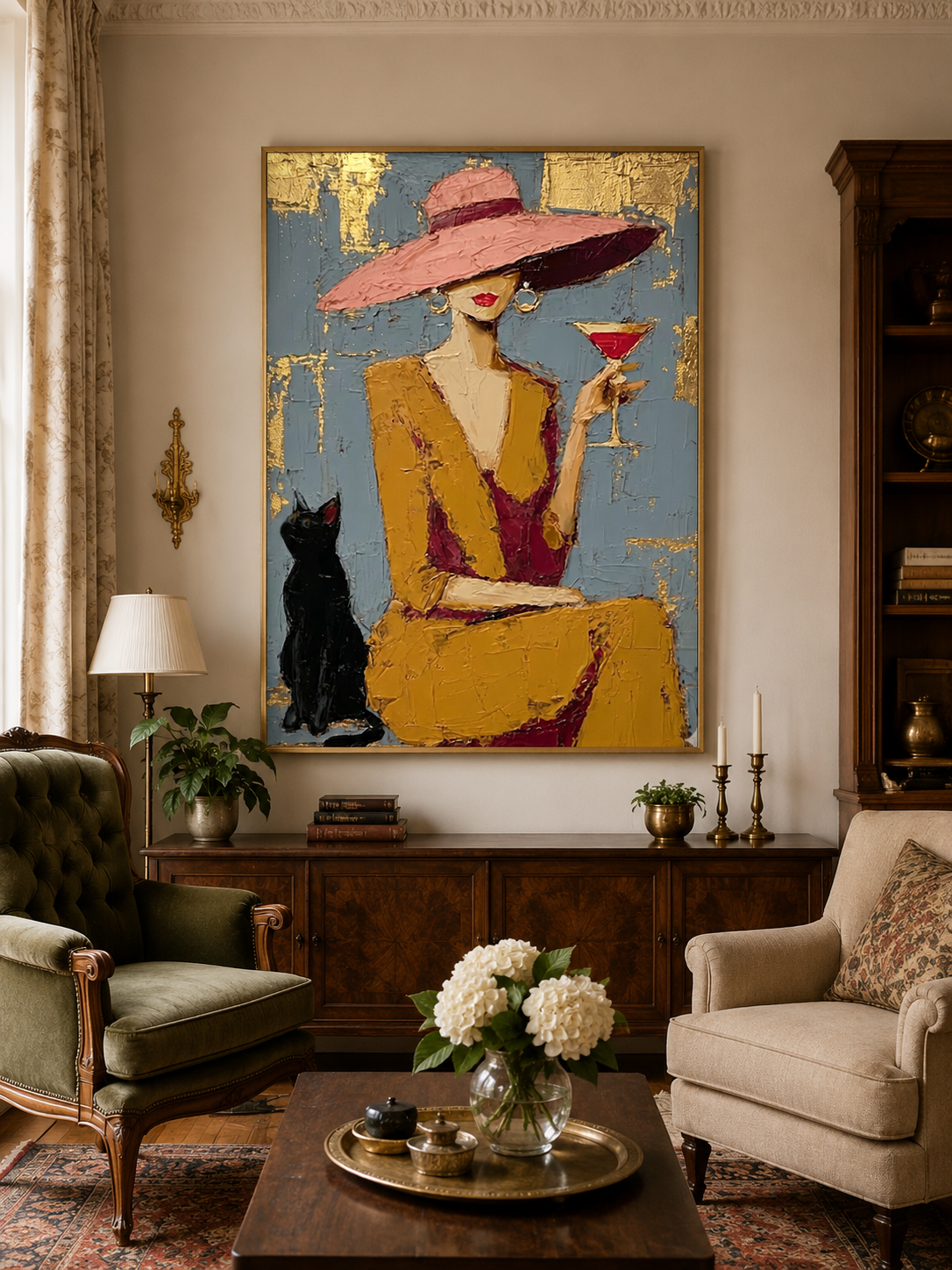 Elegant Lady With Black Cat Gold Foil Oil Painting For Bar Decor