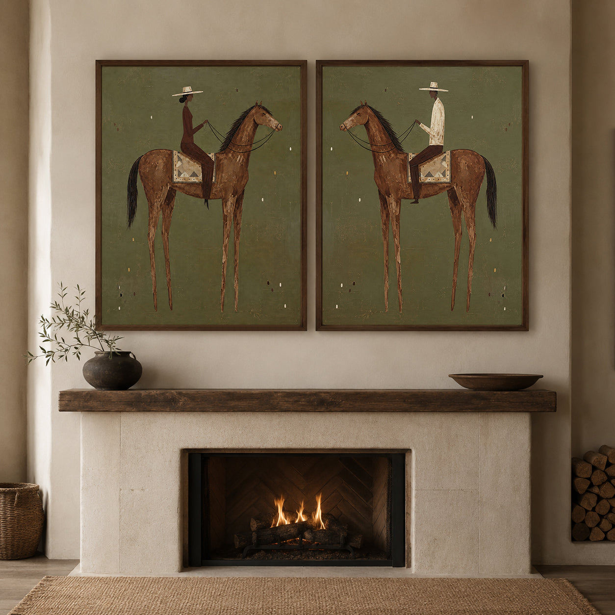 Vintage Equestrian Diptych With Green Background And Brown Horses Original Oil Painting Set Of Two