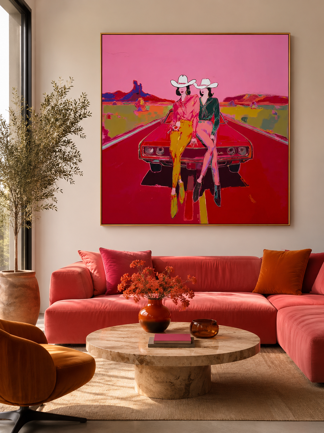 Vibrant Pink Cowgirl Pop Art Painting On Canvas For Modern Western Home Decor