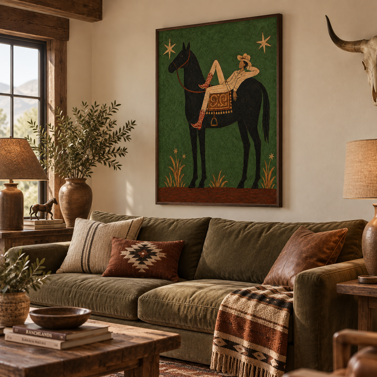 Relaxed Cowboy On Black Horse Canvas Art, Starry Night Western Wall Decor Green Background Fine Art