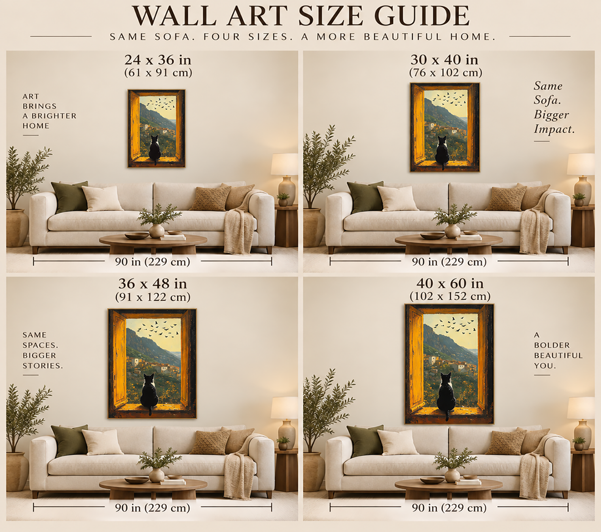 Black Cat Art, Cat Oil Painting, Window View Art, Mountain Village Painting, Cozy Home Decor