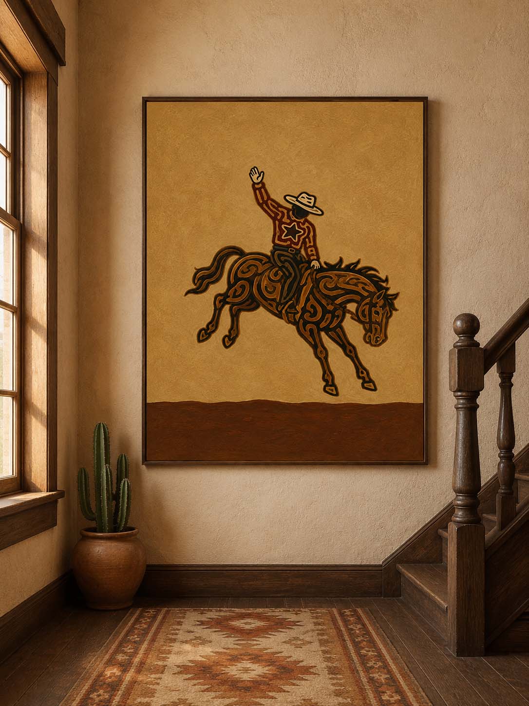 Rodeo Cowboy Painting, Bucking Horse Western Wall Art, Rustic Southwestern Ranch Decor