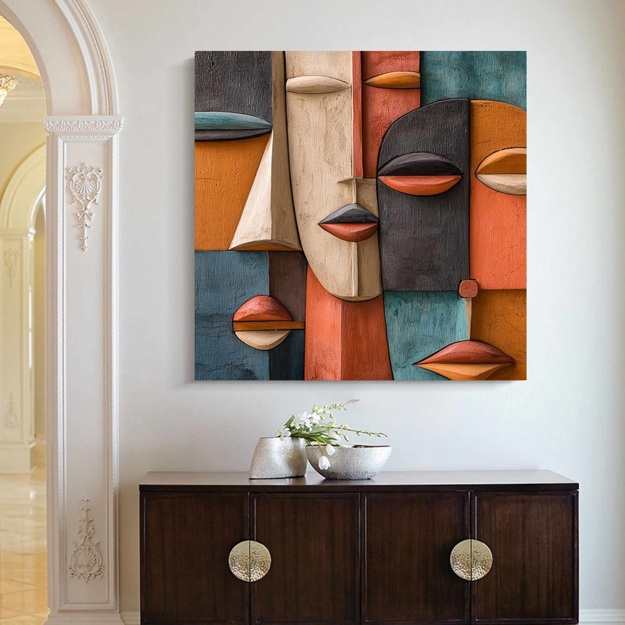 Hand-Painted Wood Carving Wall Art face Abstract 3D Textured Sculpture