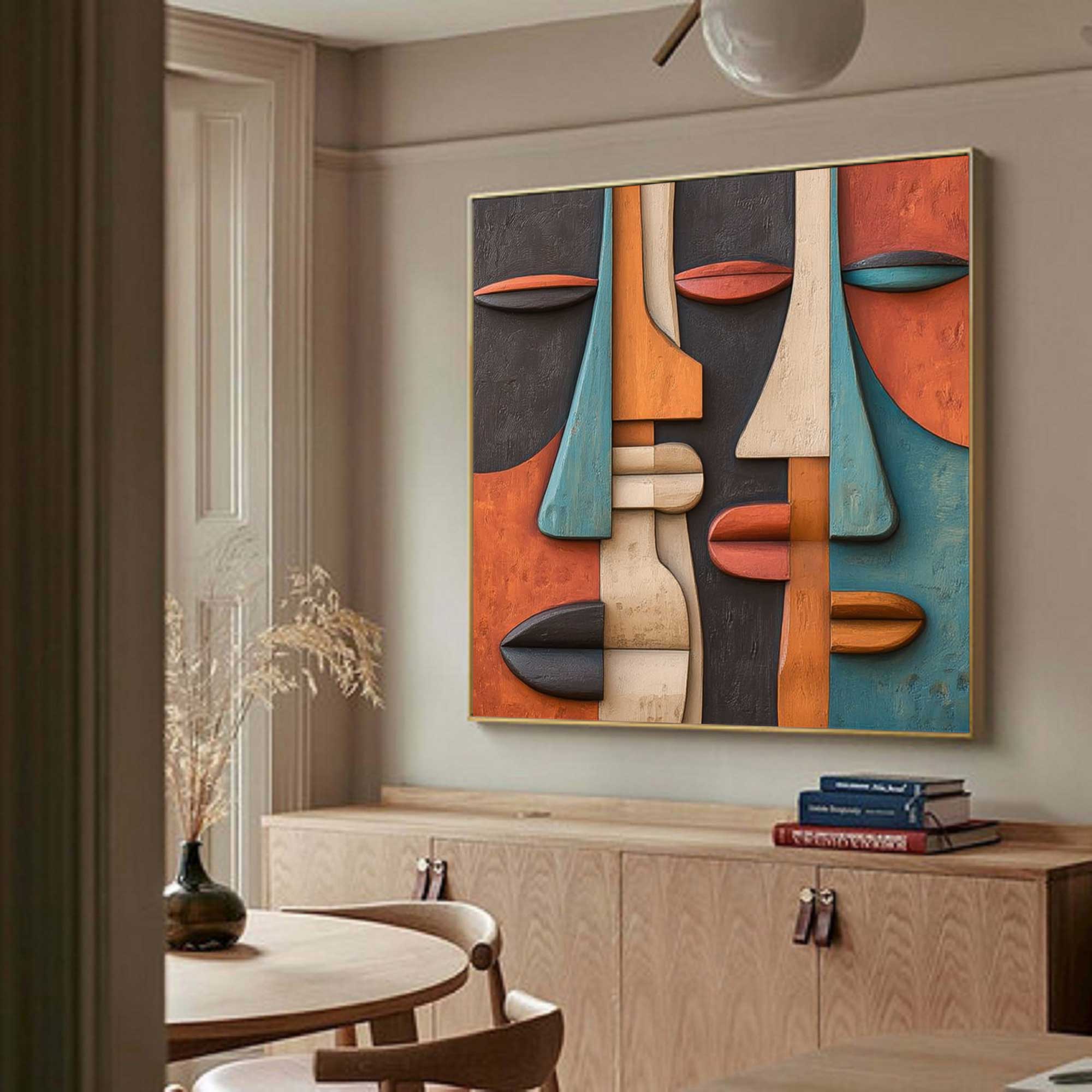 face Abstract 3D Textured Sculpture Hand-Painted Wood Carving Wall Art