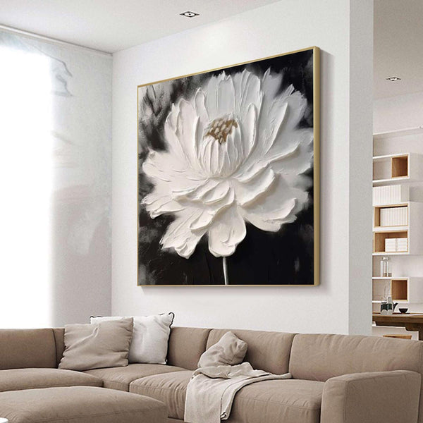 White 3D Texture Flower Painting White Minimalist Floral Painting Boho Living Room Wall Art Daisy Flower Wall Art