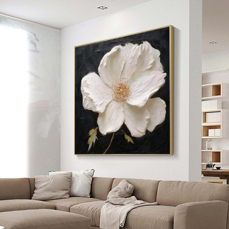 White 3D Texture Flower Painting White Minimalist Floral Painting Boho Living Room Wall Art Daisy Flower Wall Art