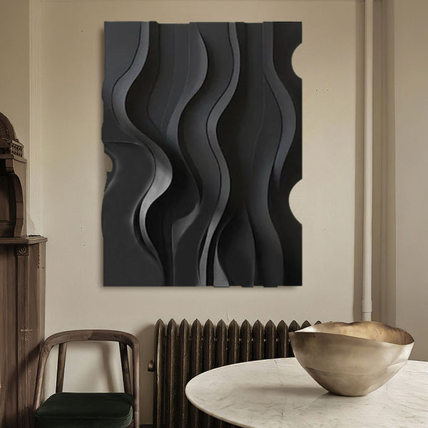 Black sculpture Textured Wall art Black sculpture Wall art Black Wood carving wall art Black Abstract Art