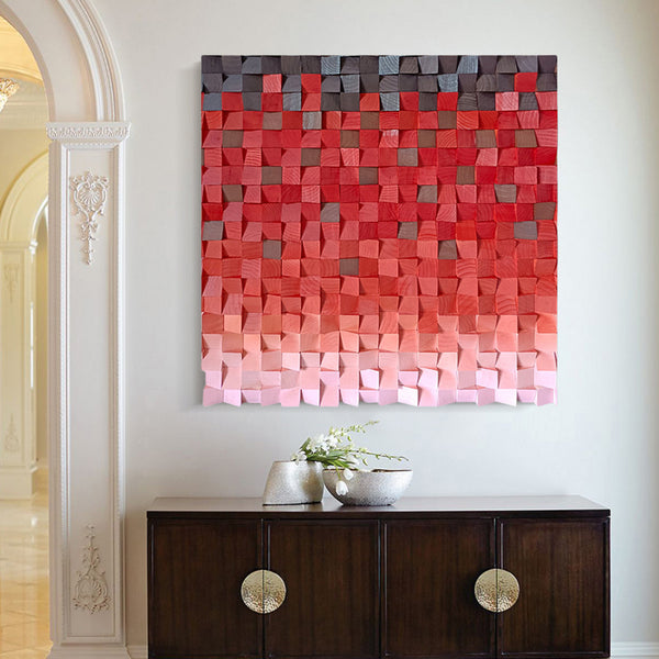 Wood wall Decor Red Wood Block Art Geometric Wood Art Sculptured art